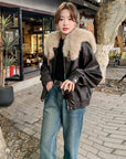 Real Shot Brown Rabbit Fur Liner Leather Jacket