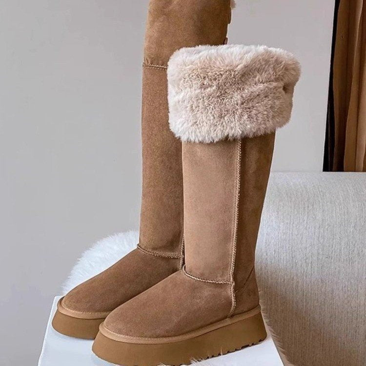 Women&#39;s Long Snow Winter Fleece-lined Thickened New Platform Cotton Shoes Below The Knee Long Boots