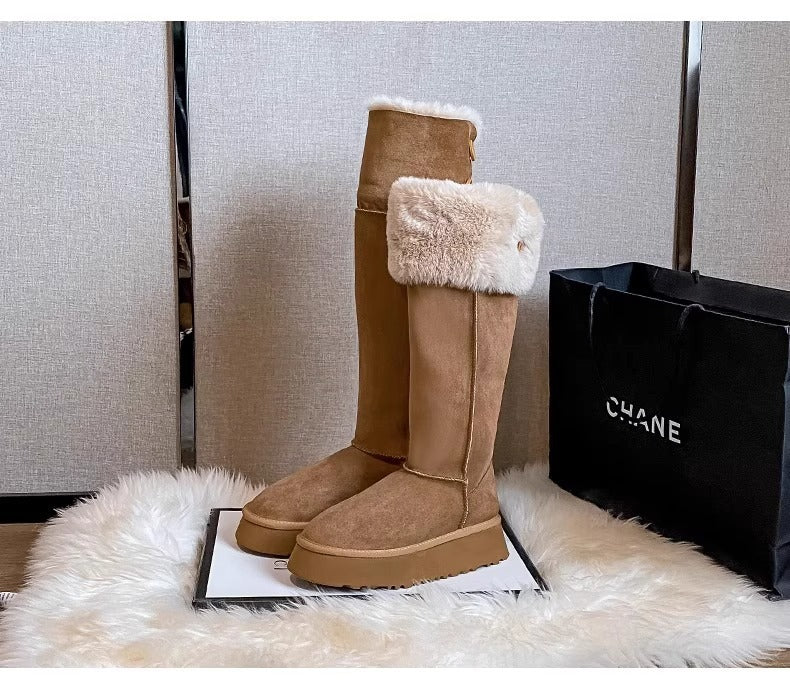 Women&#39;s Long Snow Winter Fleece-lined Thickened New Platform Cotton Shoes Below The Knee Long Boots