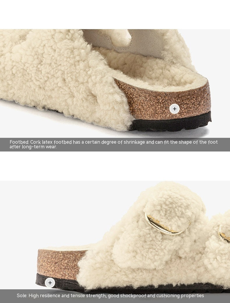 Women’s Lazybones Outdoor Fur Slippers – Warm Cotton Cork Sole Casual Non-Slip Slides