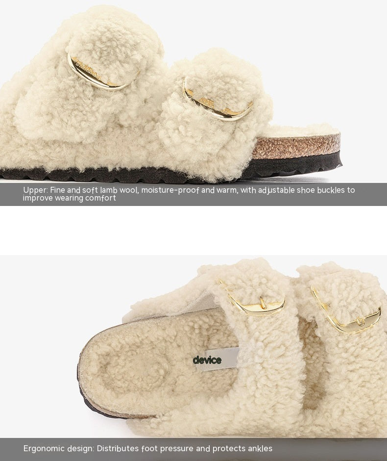 Women’s Lazybones Outdoor Fur Slippers – Warm Cotton Cork Sole Casual Non-Slip Slides