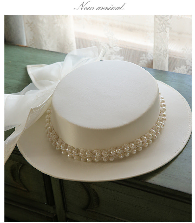 👒 French Elegant Pearl Flat-Top Hat – Timeless Chic for Women