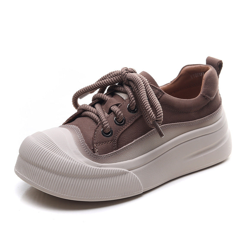 Women’s Full-Grain Leather Lace-Up Shoes – Classic Round-Toe (Yellow/Cameo Brown, Sizes 35-40)