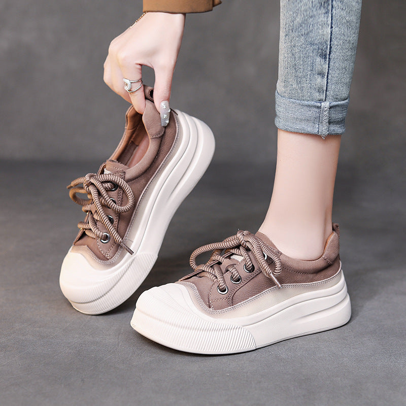 Women’s Full-Grain Leather Lace-Up Shoes – Classic Round-Toe (Yellow/Cameo Brown, Sizes 35-40)