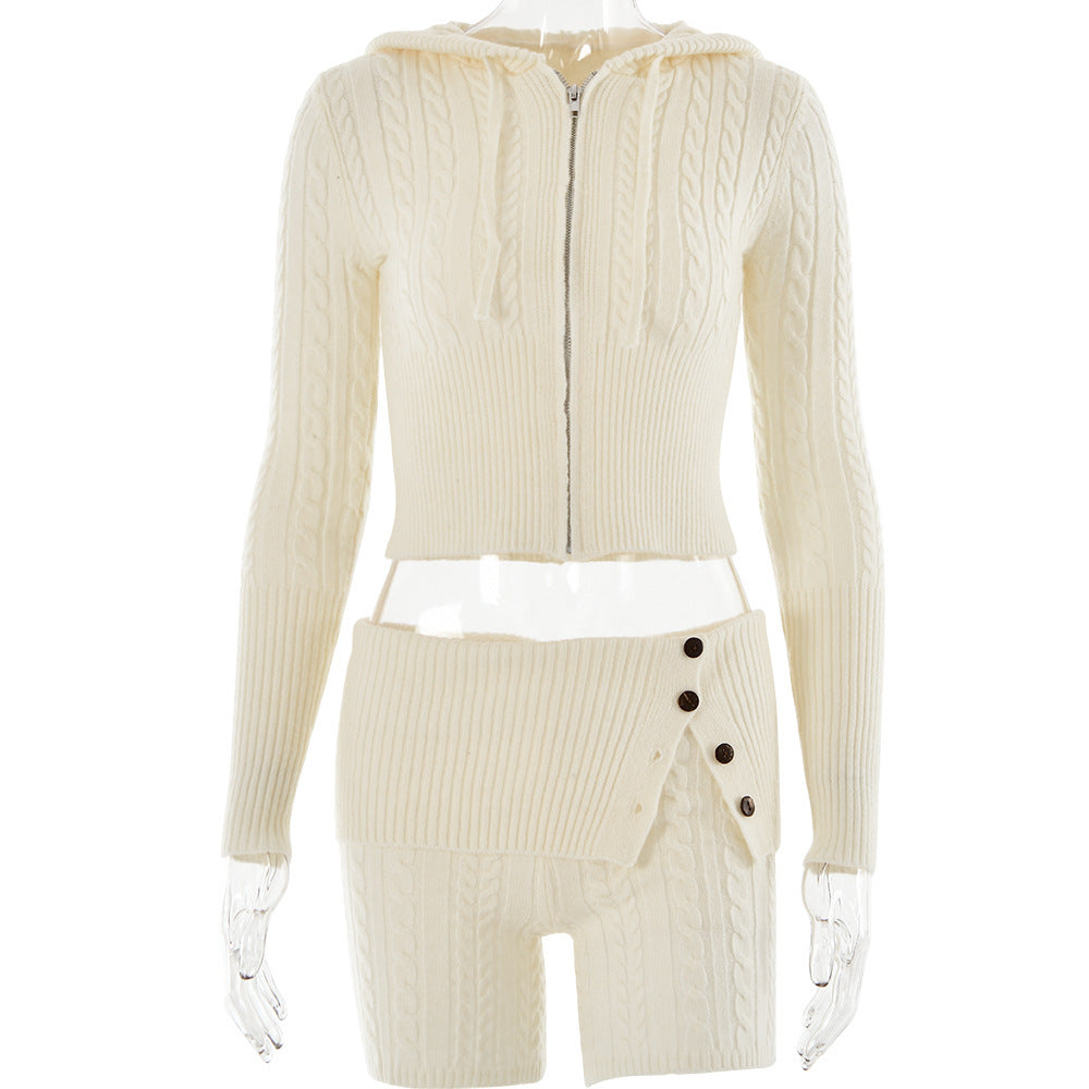 Women’s Knitted Sweater Hoodie &amp; Shorts Set – Cozy Two-Piece for Autumn/Winter