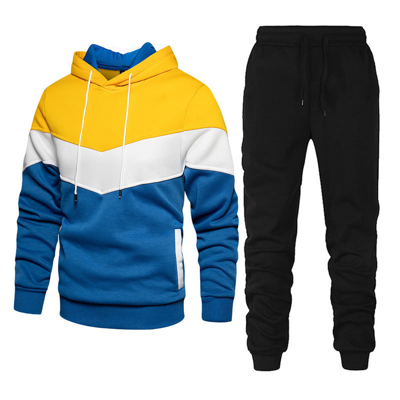Men’s Fashion Colorblock Hooded Sports Suit – Running &amp; Outdoor Winter Tracksuit with Stitching Design