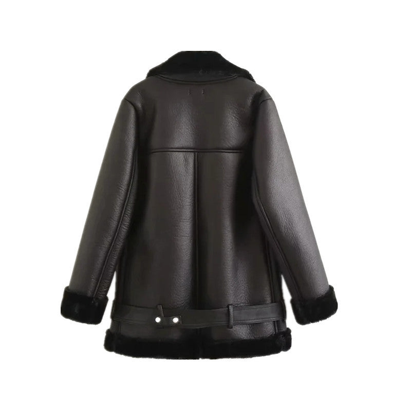 Tops Women&#39;s Belt PU Leather Jacket