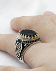 Black Natural Agate Stone 925 Silver Men's Ring