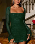 Women’s Sexy See-Through Sequin Gauze Dress – Long Sleeve High Waist Bodycon