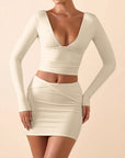 Women's Sexy V-neck Backless Long-sleeved Top Fashionable Dress Set