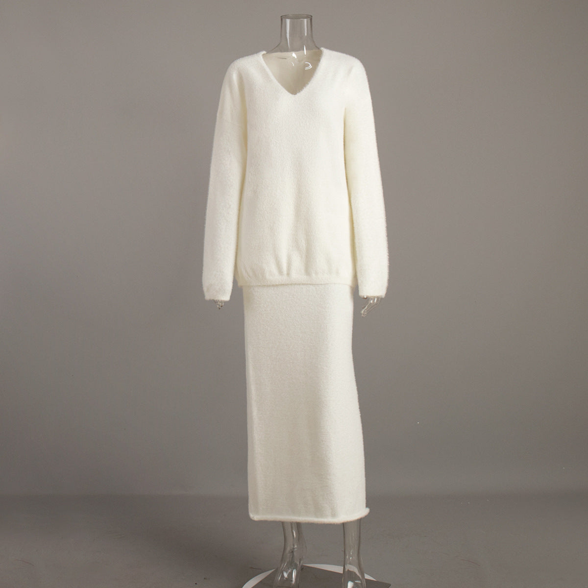 Women’s Knitted V-Neck Sweater &amp; Long Skirt Set – Simple Elegant Two-Piece Outfit