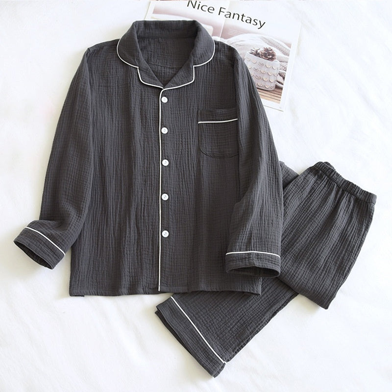 Men&#39;s Pajamas Suit Loose Spring And Autumn Double-layer Gauze Plus Size Cotton Crepe Long Sleeve