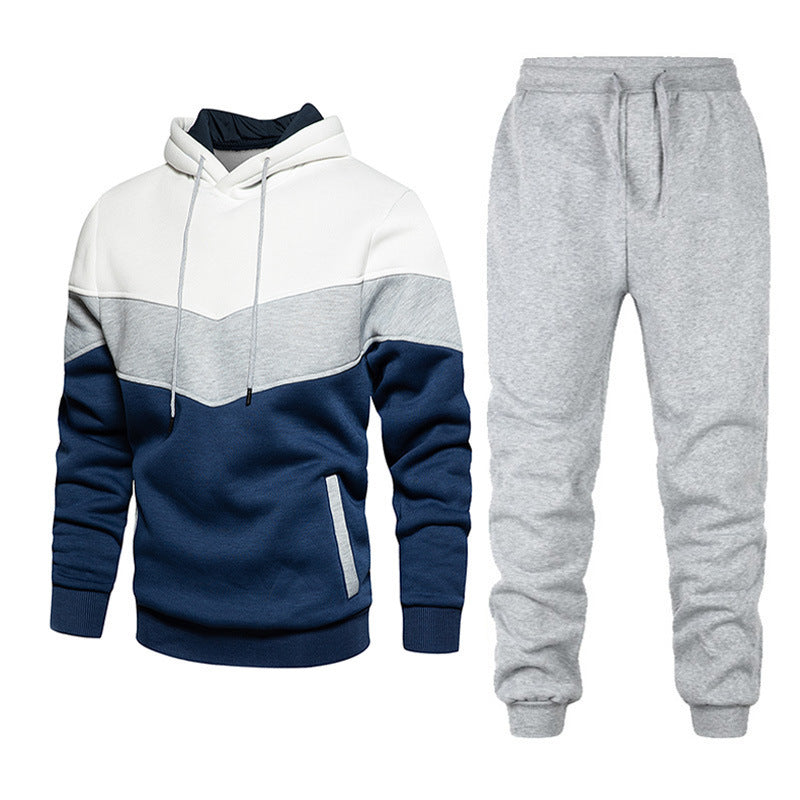 Men’s Fashion Colorblock Hooded Sports Suit – Running &amp; Outdoor Winter Tracksuit with Stitching Design