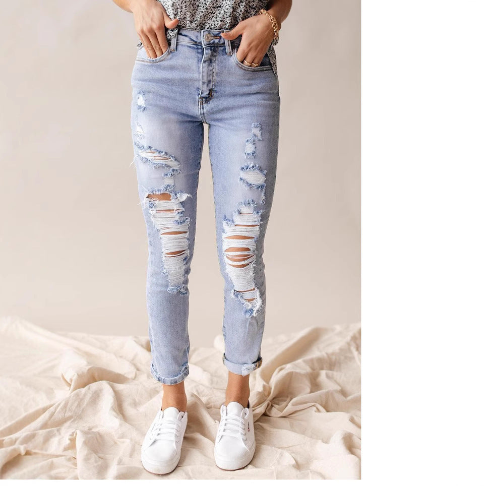 ✨ Jean court déchiré taille haute pour femme – Denim bleu clair vieilli (S-XL)