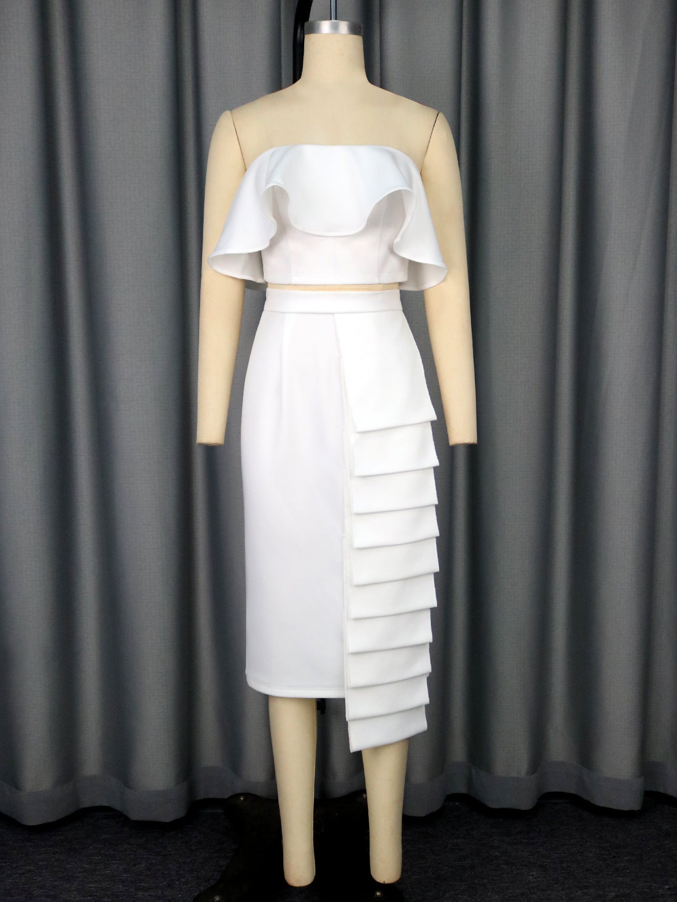 Women’s Tube Top White Shirt &amp; Asymmetric Hip Skirt Set – Elegant Commute Style