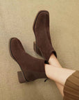 Women Genuine Leather Chelsea Boots – Suede Square Toe Chunky Heel Low-Tube Ankle Boots with Rear Zipper