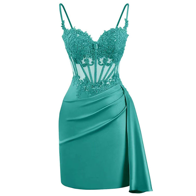 Women’s French Chic Lace Fishbone Dress – Light Luxury Slim-Fit Sling Style