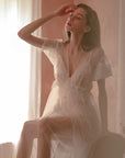 Women’s 3-Piece Lace Sheer Chemise Set – White Stretch Lingerie with Overcoat & Panty