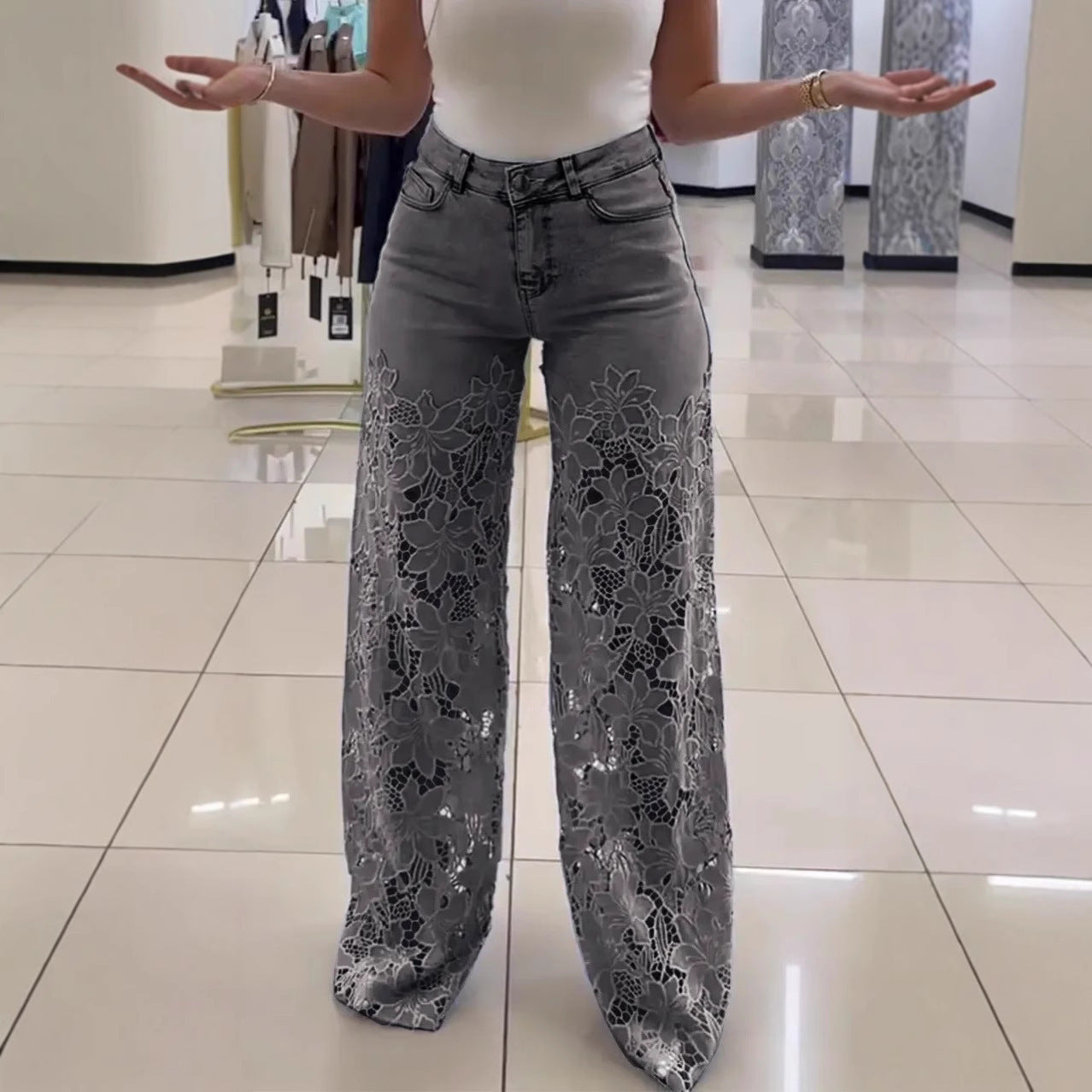 Y2K Lace Flower Hollow Jeans – High Waist, Wide Leg &amp; Effortlessly Chic