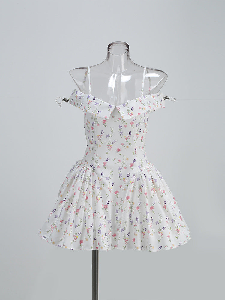 Women Strapless One-Shoulder Floral Dress – Ruffled Tutu High-Waist Summer Sling Mini Dress