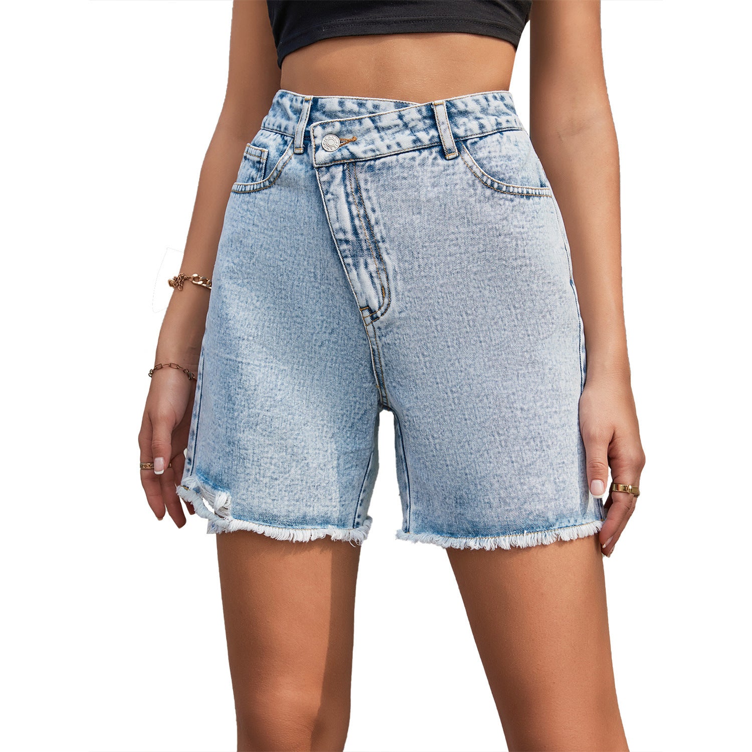 Women’s High-Waist Denim Shorts – Loose Fit Raw Edge Urban Style