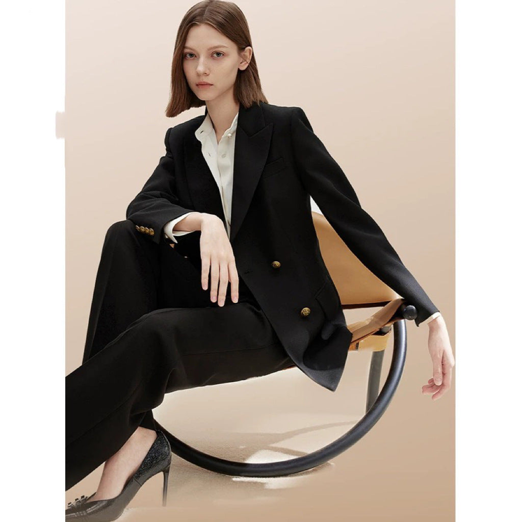 Women’s Double-Breasted Suit Jacket – Slim Fit Black Blazer with Suit Collar Long Sleeve Office Blazer
