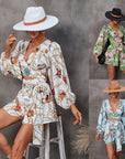 Women’s Autumn Floral V-Neck Long Sleeve Shorts Jumpsuit – Elegant Bohemian Chic Romper