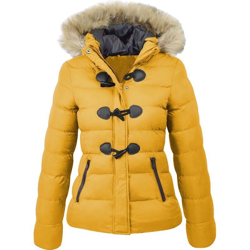 Women’s Horn Buckle Cotton Coat – Short Casual Warm Winter Jacket