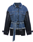 women Denim stitching leather jacket