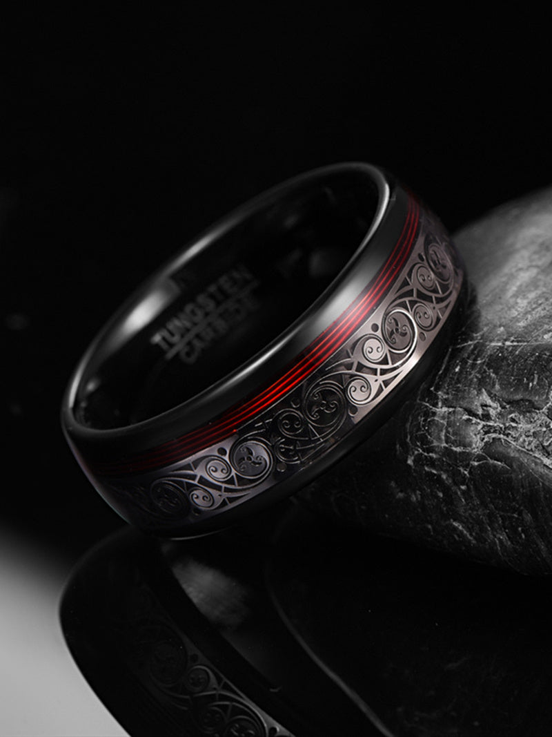 8mm Wide Electroplated Black Spiral Red Tungsten Steel Ring