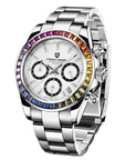 Men's Multifunctional Stainless Steel Colorful Crystals Waterproof Quartz Watch