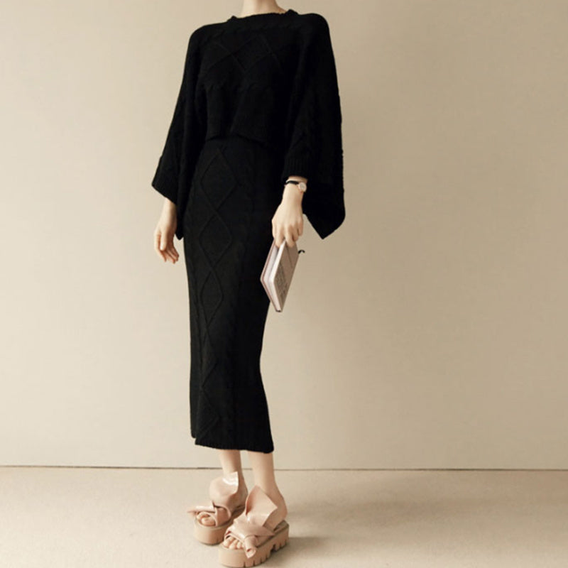 Women’s Knitted Bat-Sleeve Sweater &amp; Skirt Set – Sweet Elegance with Effortless Comfort