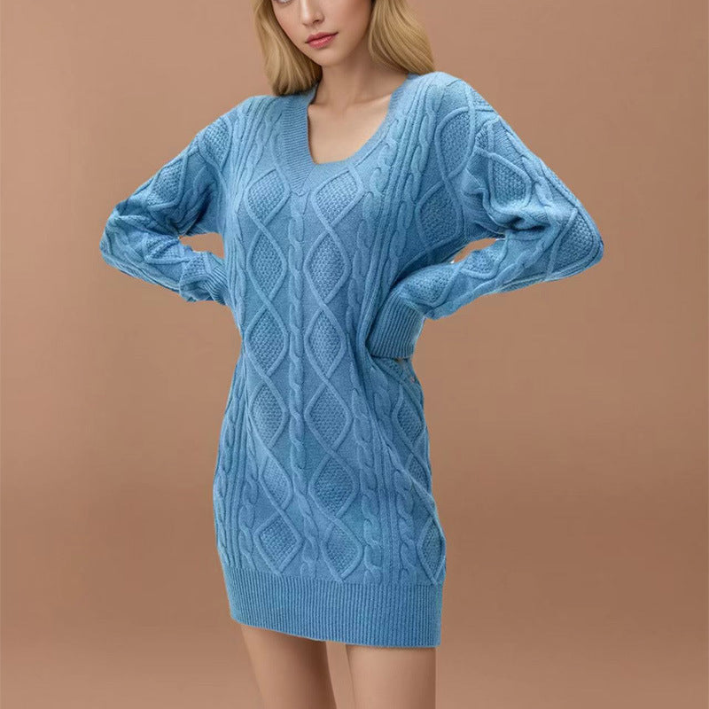 WOMEN Mid-length Sweater V-neck Knitted Twist Dress