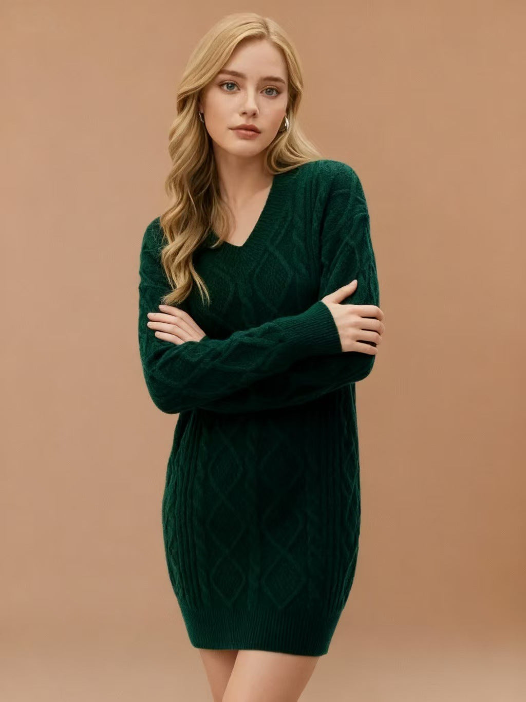 WOMEN Mid-length Sweater V-neck Knitted Twist Dress