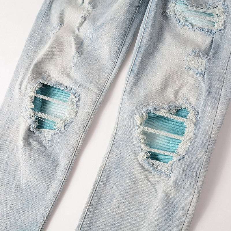 Baby Blue Wash Water Worn Patch Torn Jeans Male