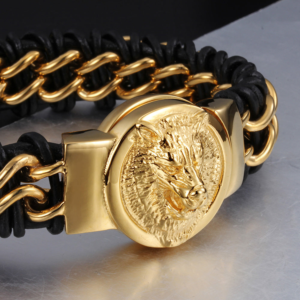 Titanium steel men&#39;s lion head gold-plated bracelet ( 3 to 7 Days shipping)