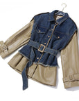 women Denim stitching leather jacket