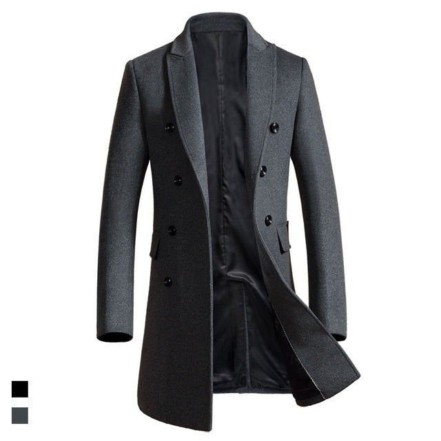 Men’s Woolen Slim-Fit Trench Coat – Classic Tailored Wool Overcoat