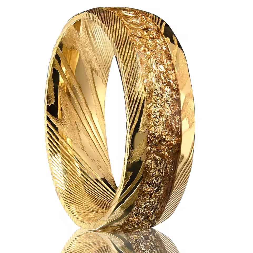 Men Gold Foil Damascus Steel Ring – Gold Plated Minimalist Geometric Wedding Band with Wavy Pattern Inlay
