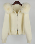 Women’s Hooded Spring Coat – Zipper Cardigan with Real Fox Fur Collar