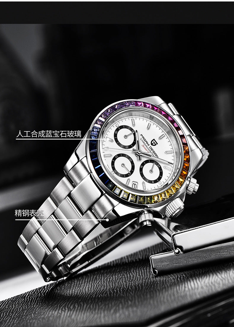 Men&#39;s Multifunctional Stainless Steel Colorful Crystals Waterproof Quartz Watch