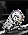 Men's Multifunctional Stainless Steel Colorful Crystals Waterproof Quartz Watch