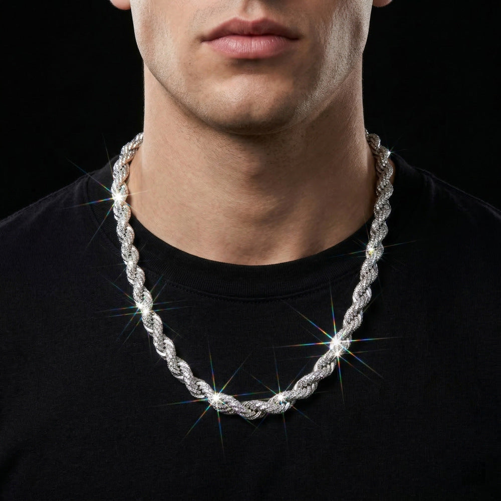 Men’s Hip-Hop Twist Chain Necklace – Geometric Diamond-Encrusted Chain with Thick Rope Design, Gold/Silver Finish &amp; Bold Street Style