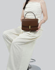 Women’s Genuine Leather Small Square Handbag – Vintage Metal Buckle Crossbody & Shoulder Bag with Premium Cowhide, Elegant Structured Design for Daily & Casual Use