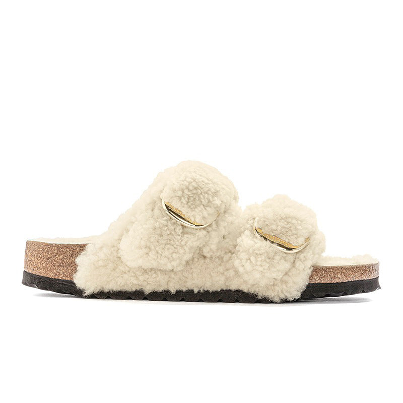 Women’s Lazybones Outdoor Fur Slippers – Warm Cotton Cork Sole Casual Non-Slip Slides
