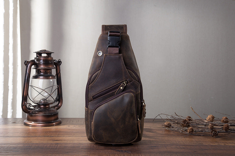 Men’s Genuine Cowhide Leather Chest Bag – Simple Retro Crossbody Satchel