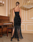 Women’s Black Strapless Long Dress – Nailhead Embroidery, Fringe Bandage Detail, Sleeveless Pencil Silhouette