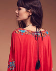 Women's Bohemian V-neck Lace-up Embroidered Top