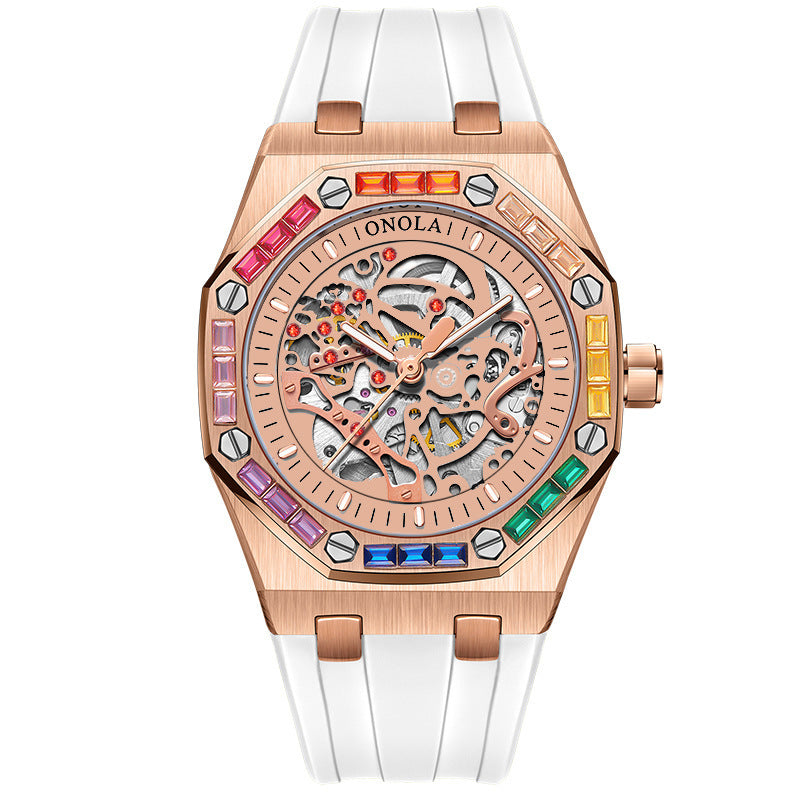 Men&#39;s Silicone Band Rainbow Diamond Automatic Mechanical Watch