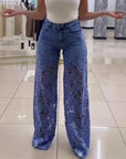 Y2K Lace Flower Hollow Jeans – High Waist, Wide Leg & Effortlessly Chic